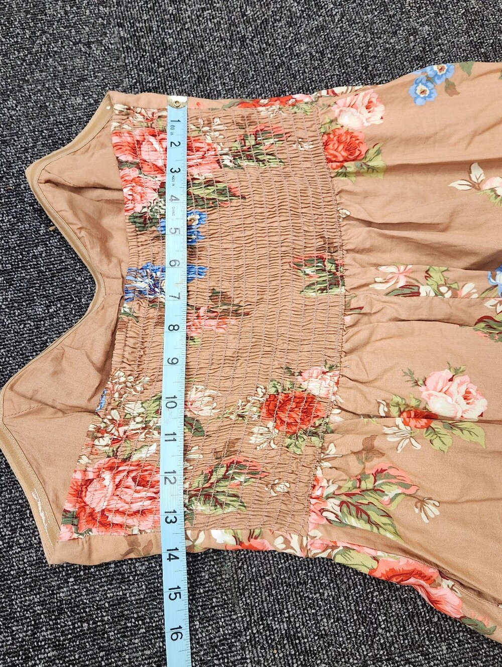 Romantic Floral Strapless Mini Dress Smocked Back Tan Pink M - Picture 4 of 8